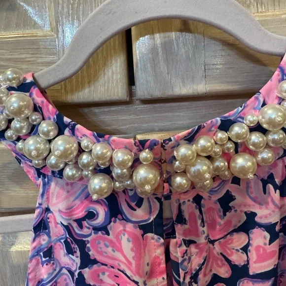 Lilly Pulitzer Pink and Navy Pearl-Embellished Top size S - Picture 4 of 5